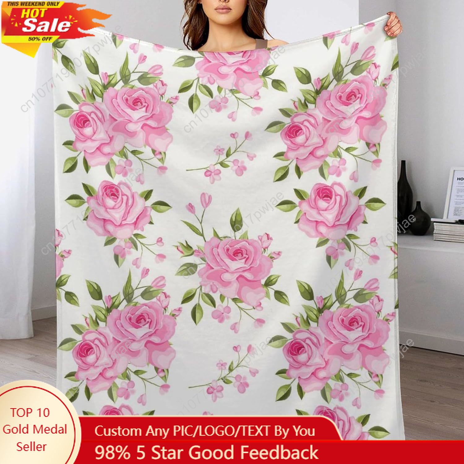 Home Of Textiles - Pink Flower Throw Blanket Floral Decor